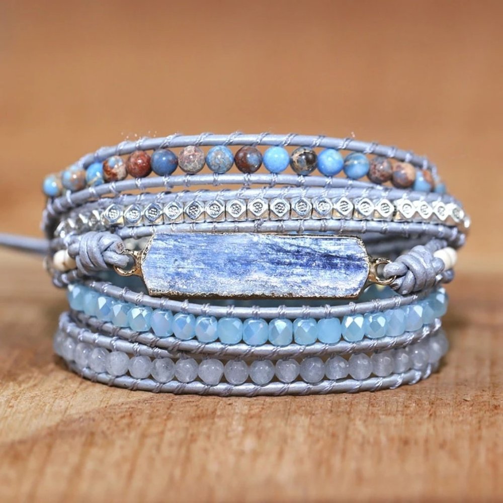 Natural Blue Topaz Crystal 5 Strand Handmade Healing Balance Women Bracelet Gift